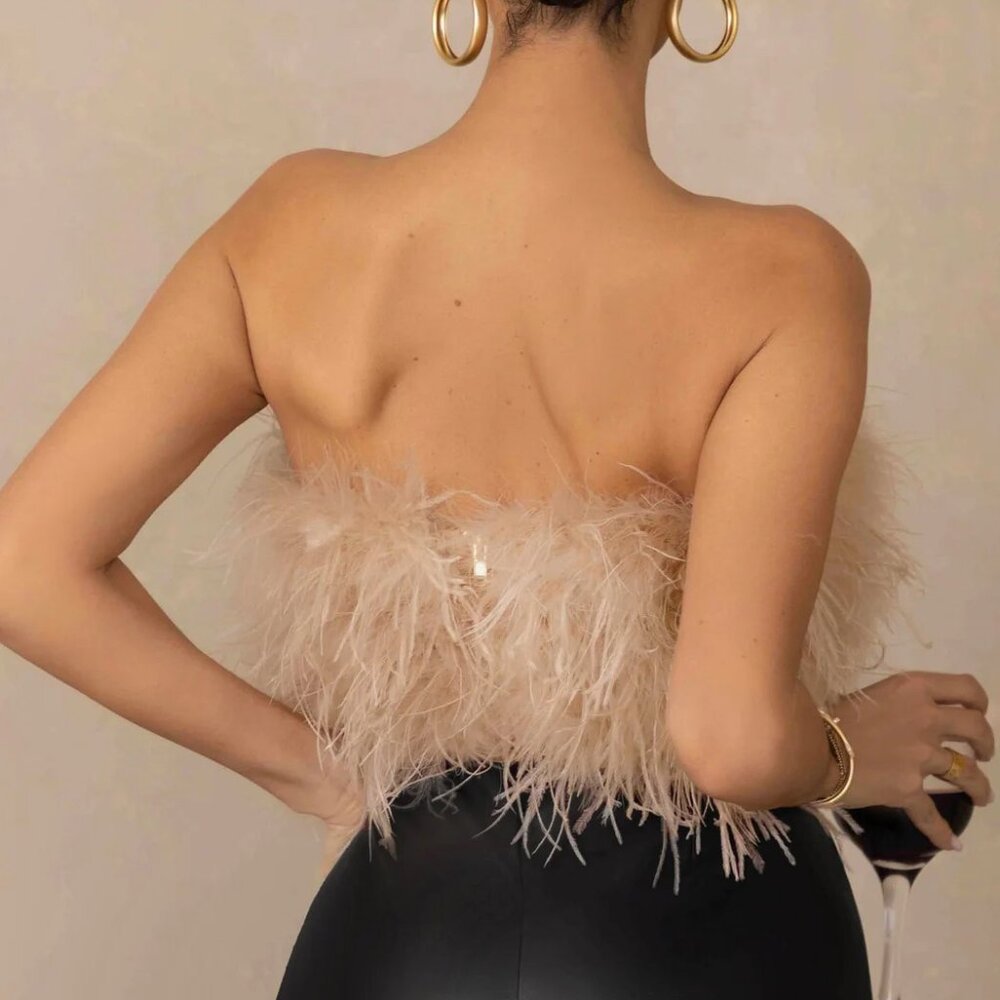 ๐ฅCHIC & SEXY๐ฅ100% OSTRICH FEATHERS BANDEAU CROP TOP in CHAMPAGNE - Picture 3 of 10